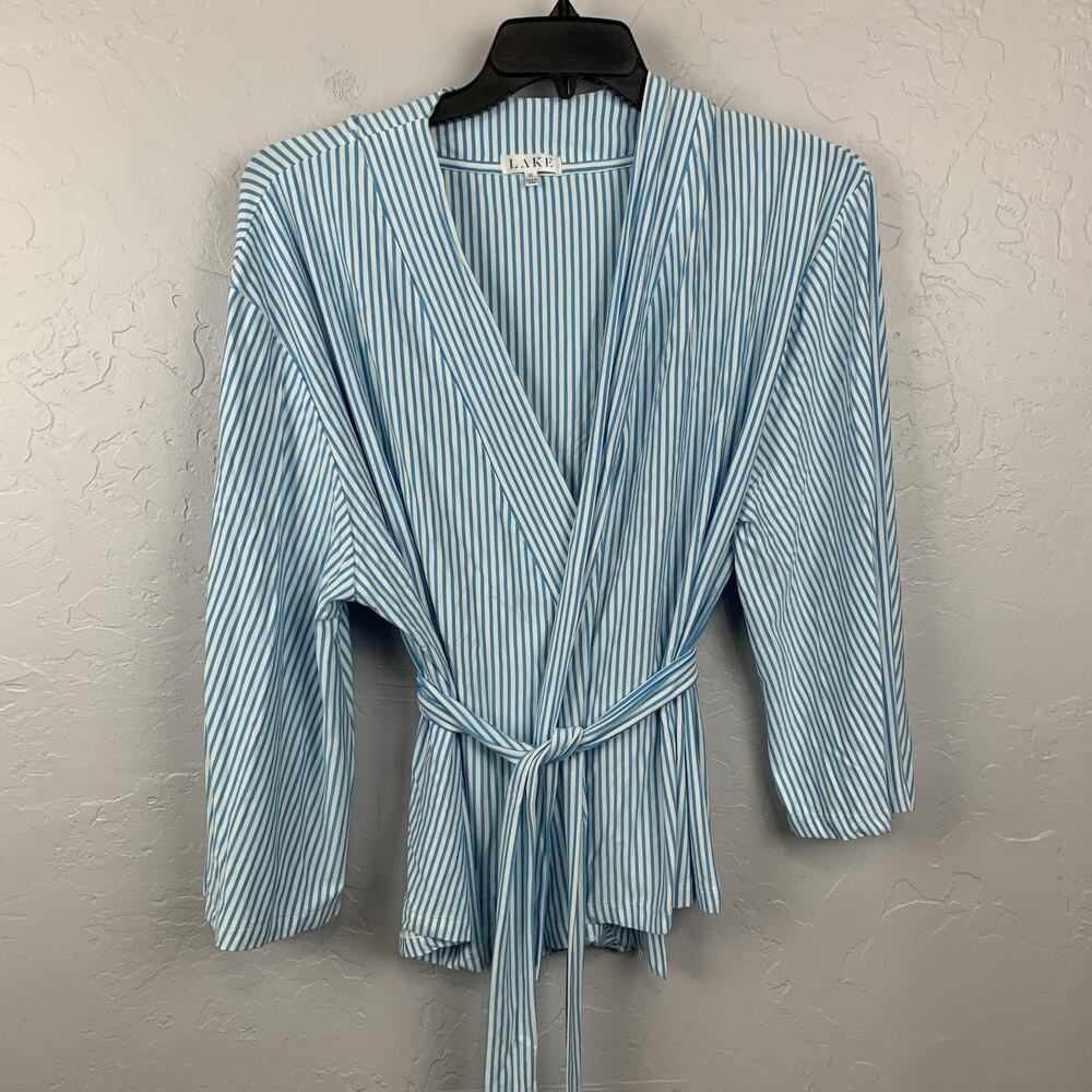 LAKE Robe Womens XL Blue White Stripe Kimono Belted Soft Modal Lounge Wear